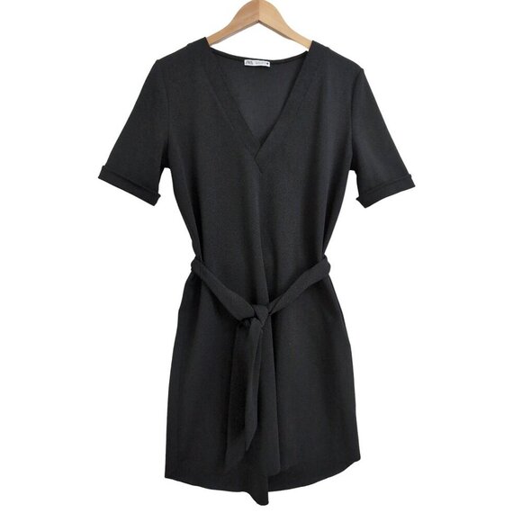 Zara Dresses & Skirts - Zara Belted Pullover Dress Womens S Black Short Sleeve Above‎ Knee V-Neck Career
